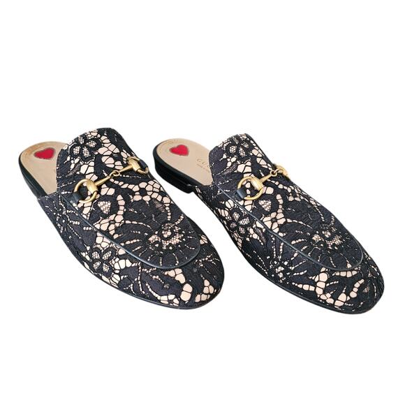 Gucci Princetown Horsebit Mule Flat Size 38 US 8 Black Lace Beige Gold Slip On - Picture 1 of 9